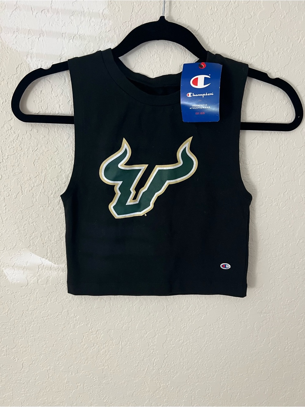 USF Champion Black Cropped Tank with Green & Gold Bull Logo